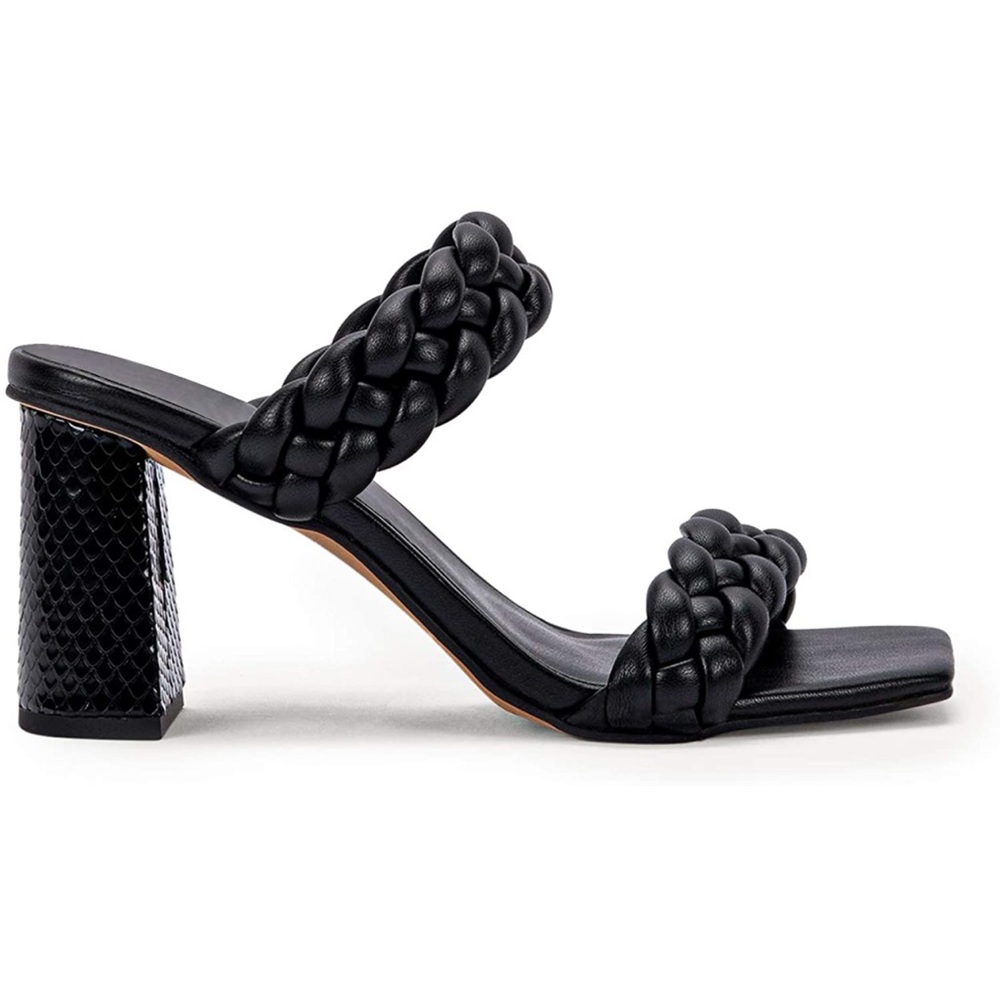 Womens Braided Heeled Sandals Backless Square Open Toe Block